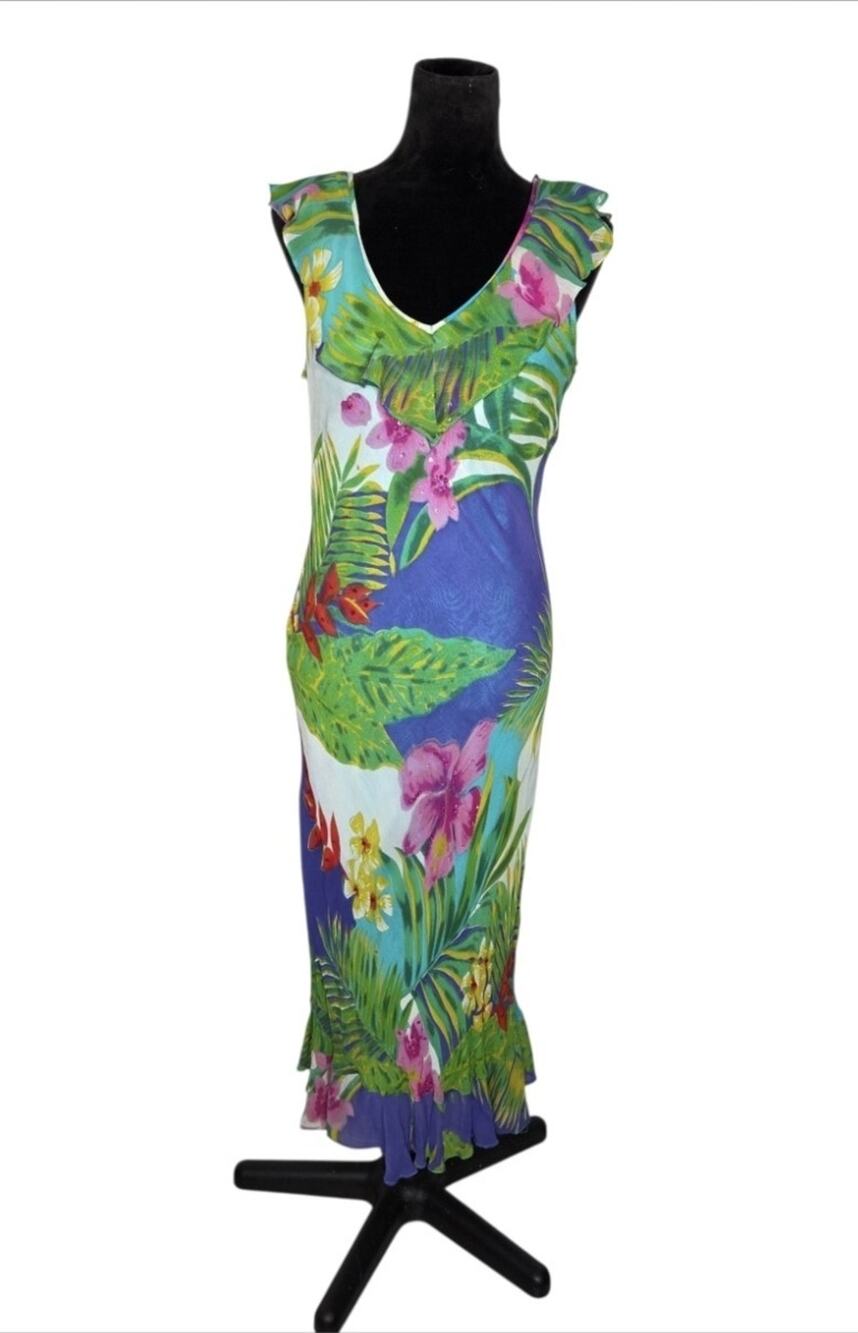 VTG Y2K Majick Tropical Floral Midi Dress Ruffle Beaded Resort Cruise Size Large